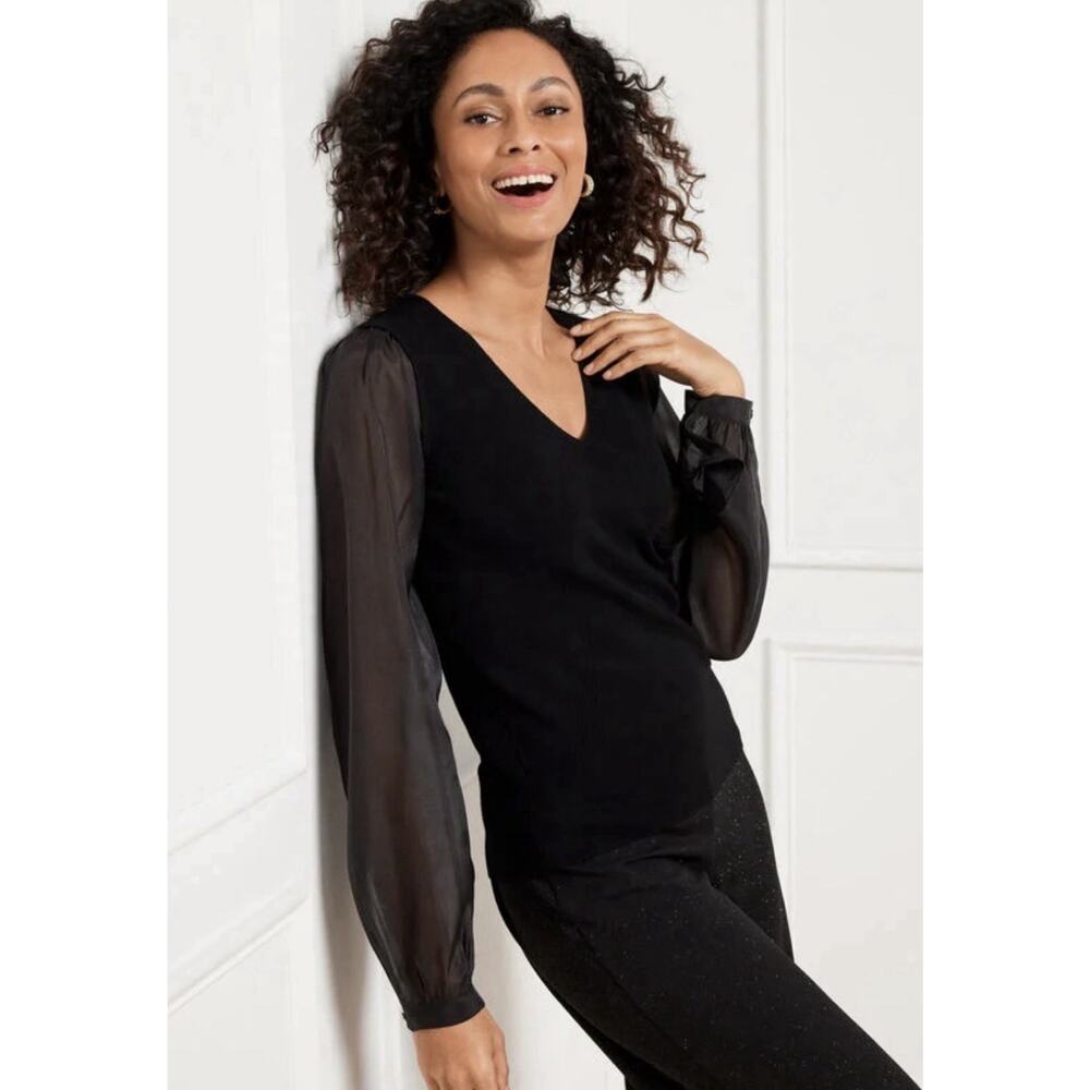 Talbots womens 2X sheer sleeves designer cocktail party Sweater Top Black NWT